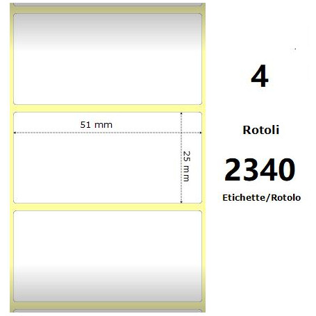White 51x25mm,2340 Et/Rotolo Z-4000D, 2x1x1 Core, 4 Rolls