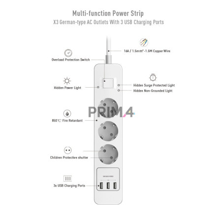 Ciabatta Multipresa x3 AC + x3 USB 240V 0.5A