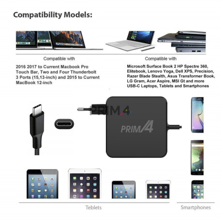 Cargador Fuente de Alimentación Compatible USB tipo para portátil Laptops Smartphone Tablet y los dispositivos USB C WATT 65W USB C